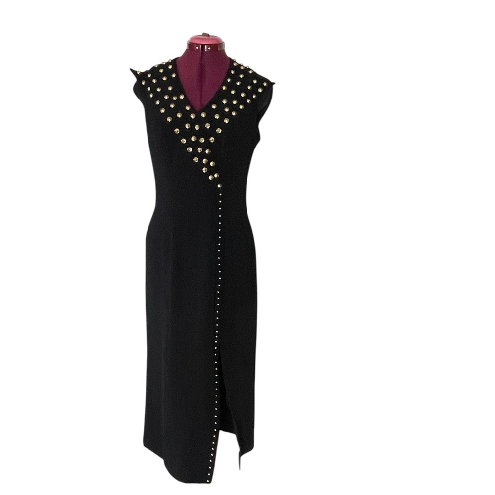 Vintage 80s Black Studded Bodycon Wiggle Dress Gold Studs Cocktail Glam Midi 8
